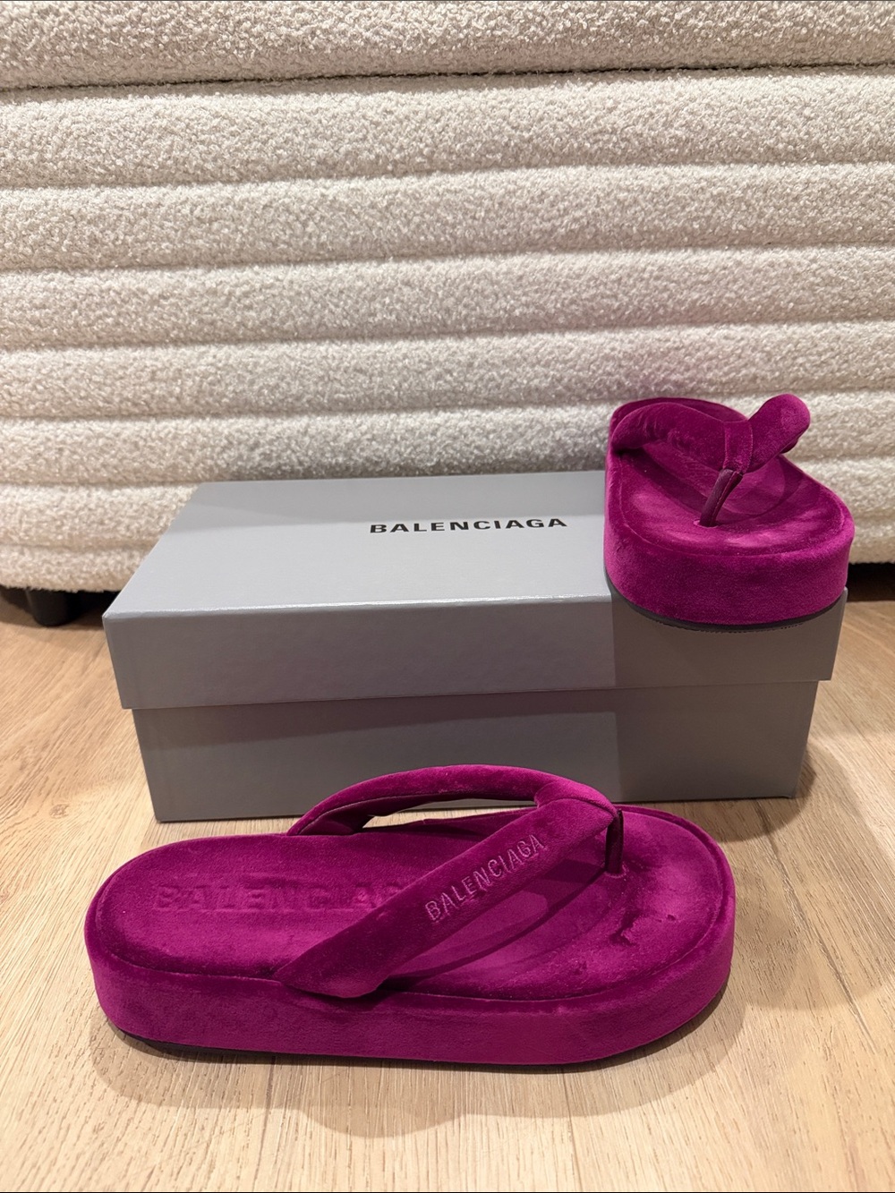 Balenciaga Women's Magenta Velvet Platform Thong Sandals